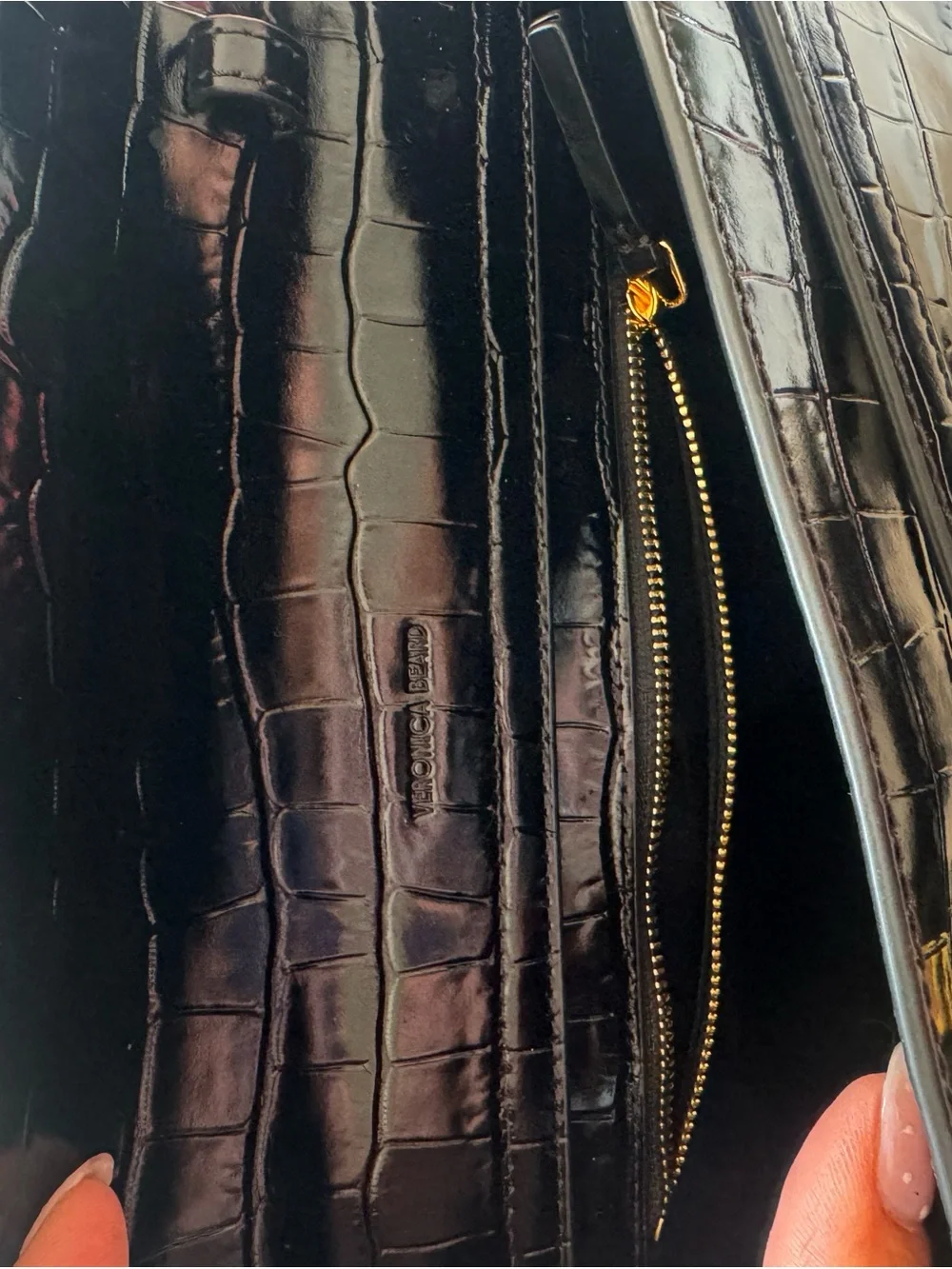 Veronica M Black Croc-Embossed Patent Leather Clutch with Gold Hardware